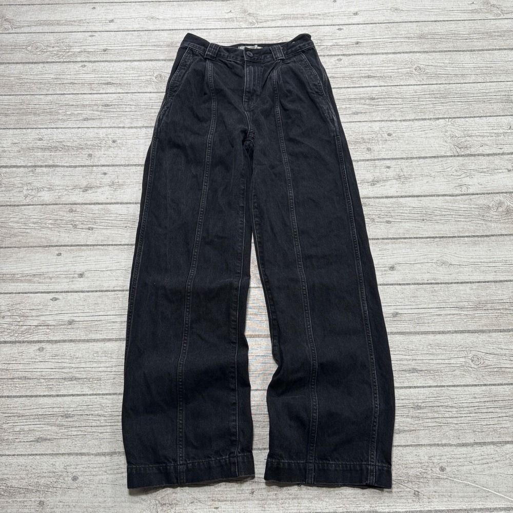 Madwell Trouser Women's 23 Black Wide Leg High Rise Pleated Denim Cotton Utility